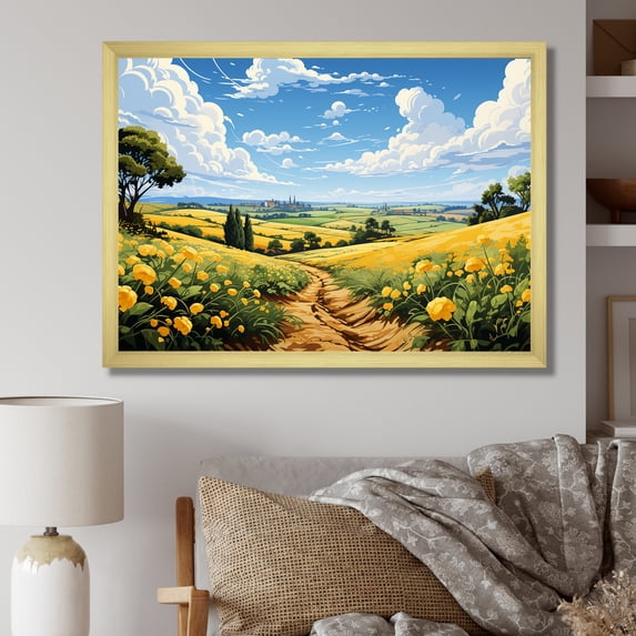 Designart "Meadow Bliss Yellow Flowers III" Landscapes Framed Wall Art Decor - Traditional Yellow Meadow Entryway Framed Wall Art