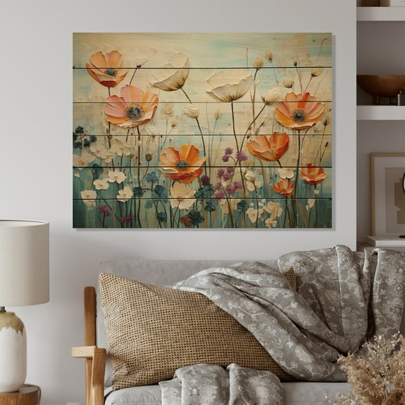 Designart "Meadow Bliss composition I" Modern Print on Natural Pine Wood