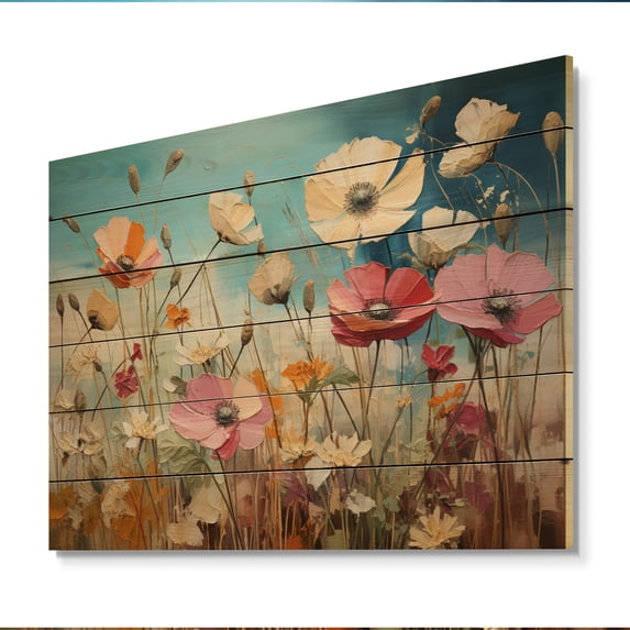 Designart "Meadow Bliss composition II" Modern Print on Natural Pine Wood