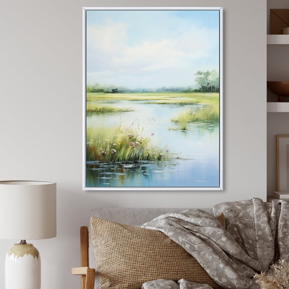 Designart "Meadow Calm Waters II" Landscape & Nature Floater Framed Wall Art Print