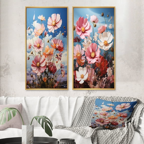 Designart "Meadow Cosmos Euphony" Meadow Framed Wall Art Set Of 2 - Multi-Color Landscapes Framed Canvas Set For Living Room Decor