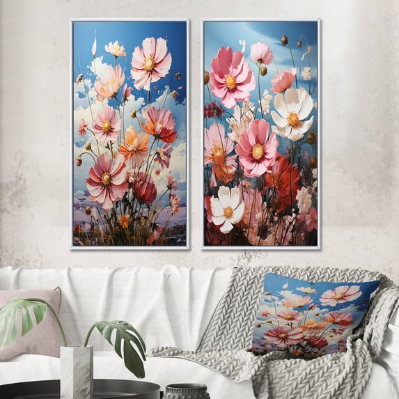Designart "Meadow Cosmos Euphony" Meadow Framed Wall Art Set Of 2 - Multi-Color Landscapes Framed Canvas Set For Living Room Decor