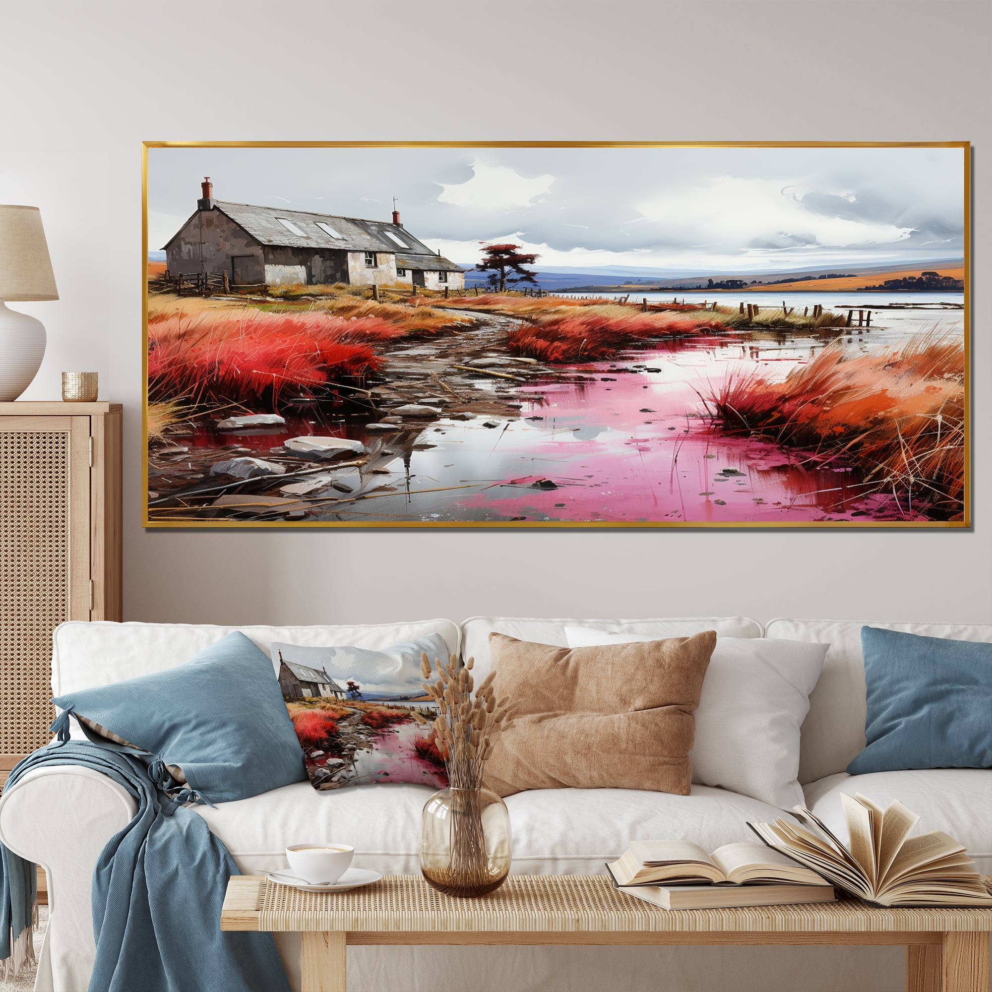 Designart "Meadow Cottage with Pond View III" Oversized Landscapes ...