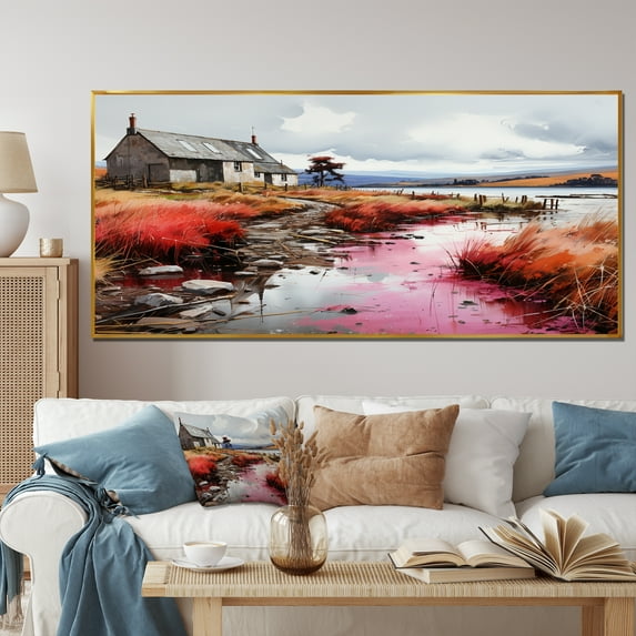 Designart "Meadow Cottage with Pond View III" Oversized Landscapes Framed Wall Art - Coastal Pink Landscape Cottage Living Room Framed Canvas Art