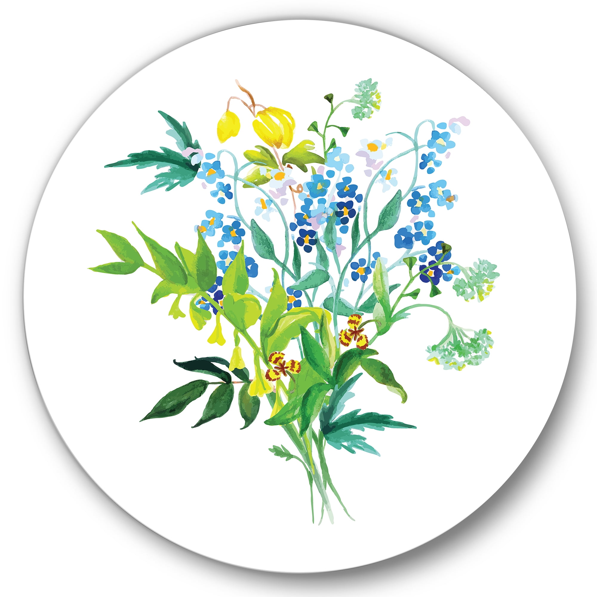 Designart 'Meadow Flowers Garland On White' Farmhouse Circle Metal Wall Art 11x11 - Disc of 11