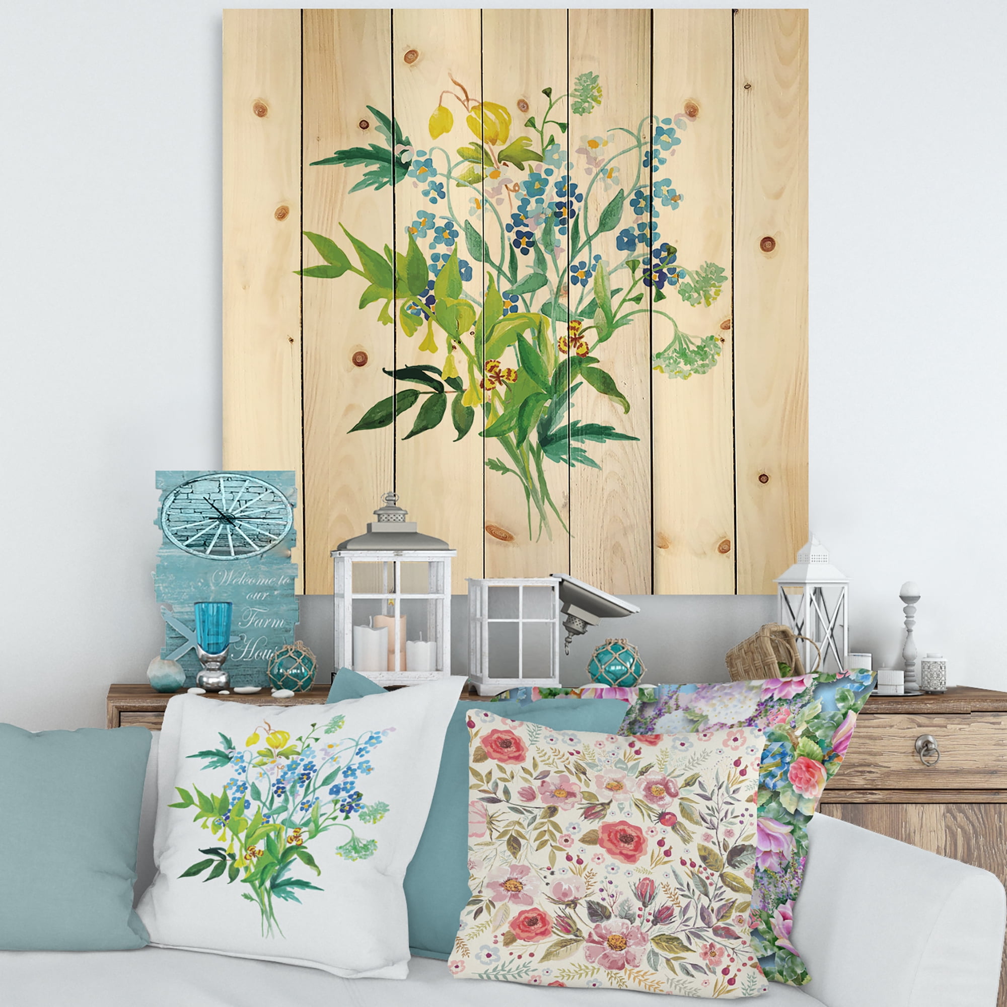 Designart 'Meadow Flowers Garland On White' Farmhouse Print on Natural Pine Wood