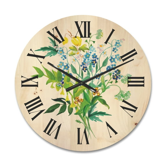 Designart 'Meadow Flowers Garland On White' Farmhouse Wood Wall Clock