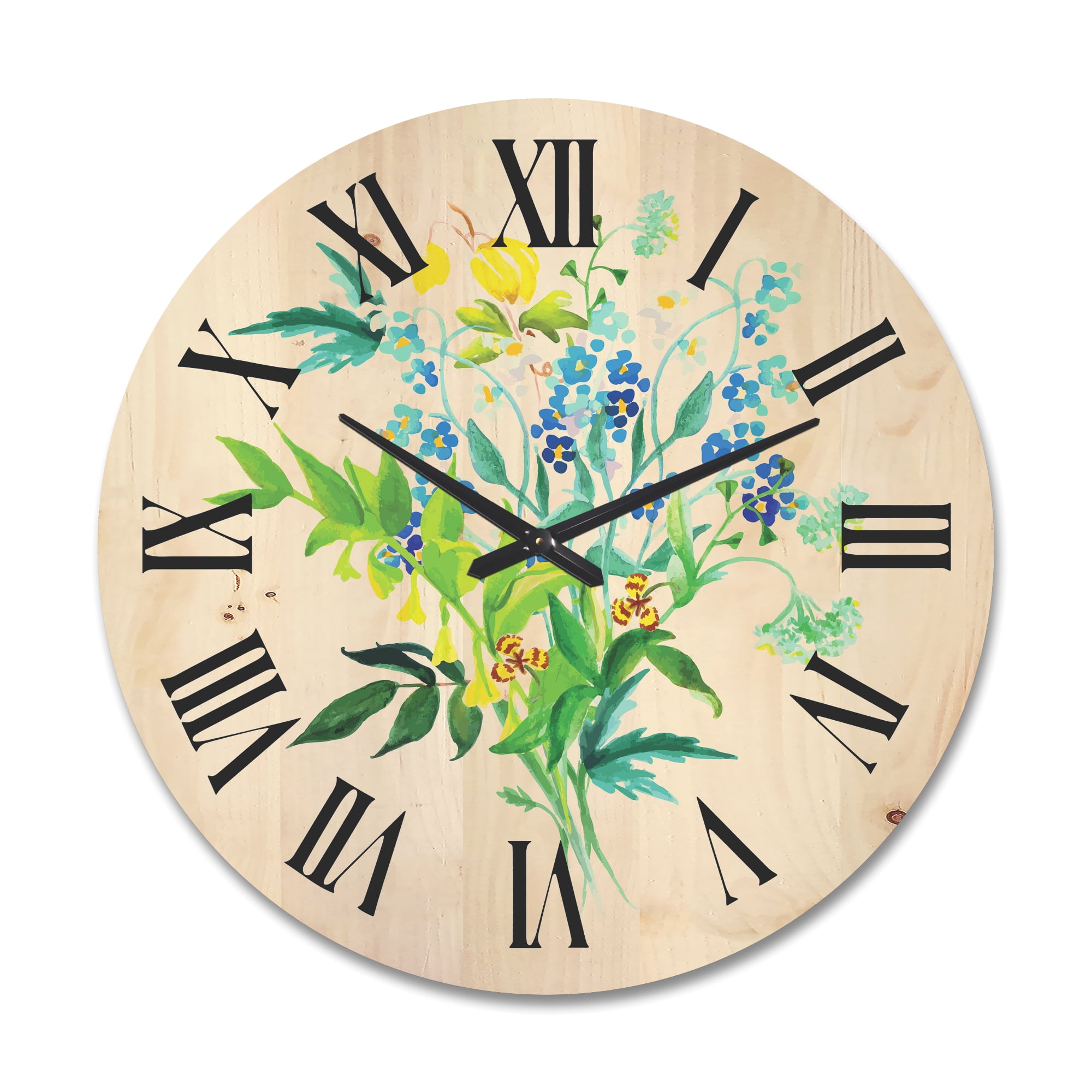 Designart 'Meadow Flowers Garland On White' Farmhouse Wood Wall Clock