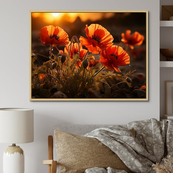Designart "Meadow Of Poppies At Sunset" Poppies Floater Framed Wall Art Living Room