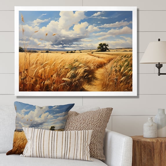 Designart "Meadow Serenity Yellow Wheat Fields I" Landscapes Framed Wall Art Decor - Traditional Yellow Meadow Entryway Framed Wall Art Print