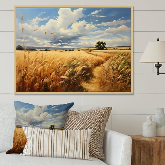 Designart "Meadow Serenity Yellow Wheat Fields I" Landscapes Framed Wall Art - Traditional Yellow Meadow Entryway Framed Wall Art
