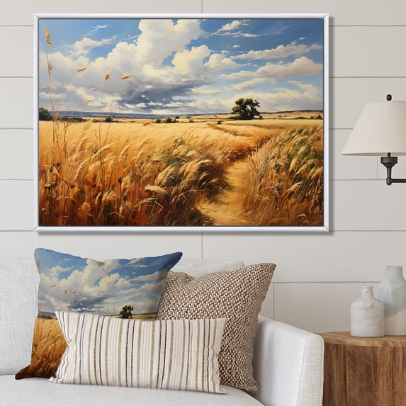 Designart "Meadow Serenity Yellow Wheat Fields I" Landscapes Framed Wall Art - Traditional Yellow Meadow Entryway Framed Wall Art