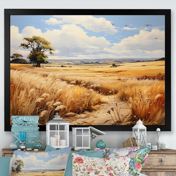 Designart "Meadow Serenity Yellow Wheat Fields II" Landscapes Framed Wall Art Decor - Traditional Yellow Meadow Bedroom Framed Canvas Wall Art