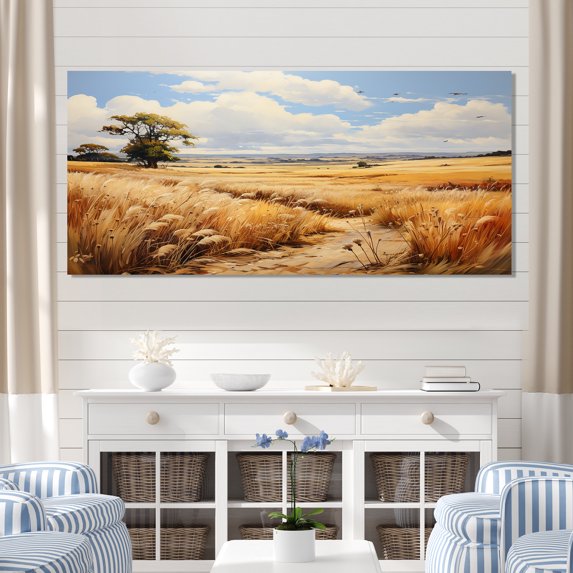 Designart "Meadow Serenity Yellow Wheat Fields II" Oversized Landscapes Wall Art - Traditional Yellow Meadow Bedroom Canvas Wall Art