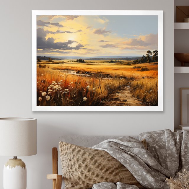 Designart "Meadow Serenity Yellow Wheat Fields III" Landscapes Framed