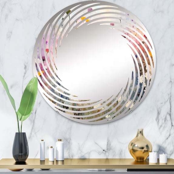 Designart "Meadow Stroll Among Wildflowers" Wildflowers Spiral Round Wall Mirror - Floral Oval Printed Decorative Mirror - Multiple Color Options