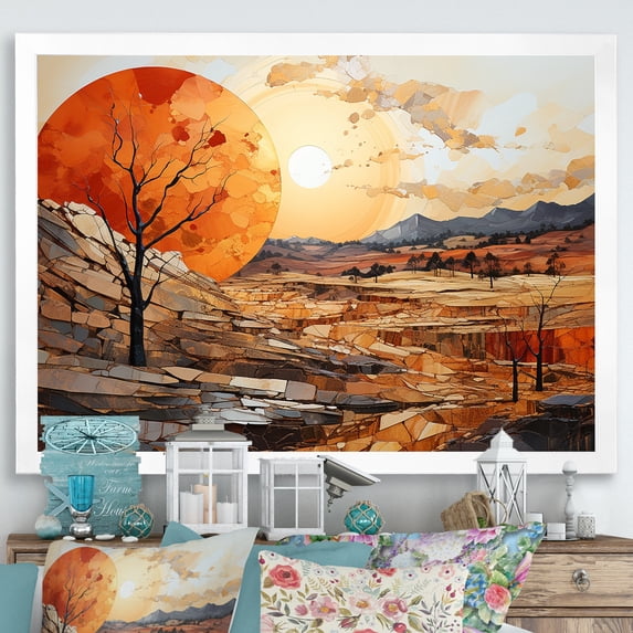 Designart "Meadow Sunset Abstract Orange Landscape Impressions" Landscapes Framed Wall Art Decor - Modern Orange Abstract Landscapes Hallway Framed Wall Art Decor