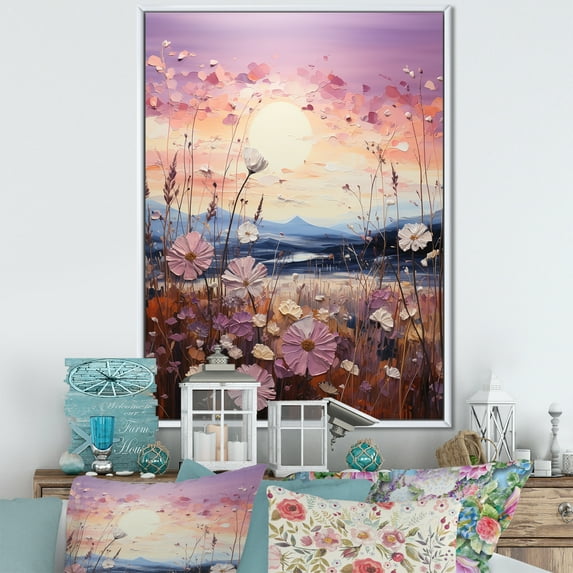 Designart "Meadow Twilight painting" Floral Floater Framed Canvas Print