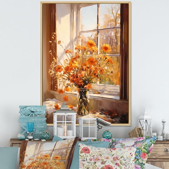 Designart "Meadow View through Windows I" Landscapes Framed Wall Art - Traditional Yellow Meadow Living Room Framed Canvas Art