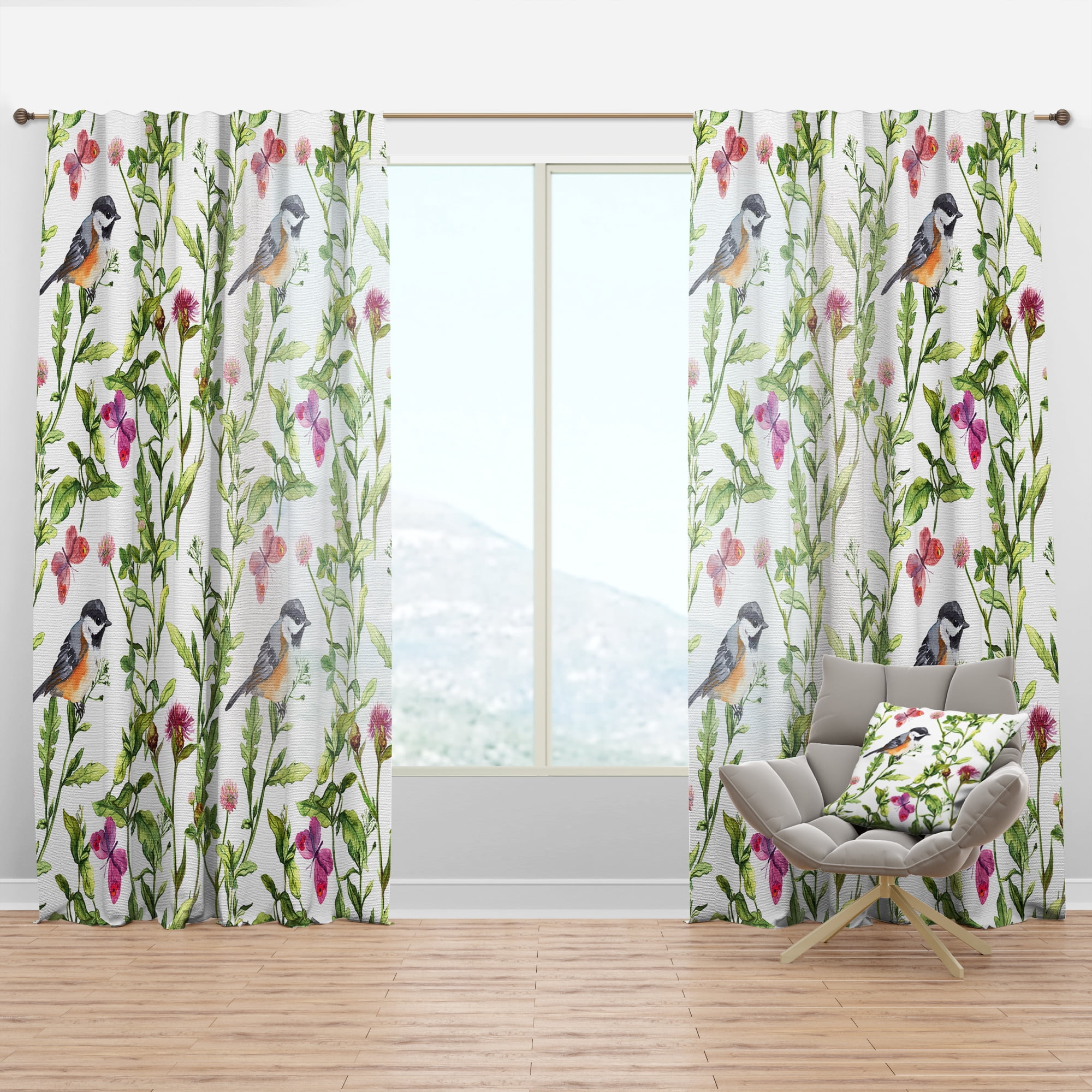 Designart 'Meadow With Birds Butterflies and Herbs' Floral Curtain Panel
