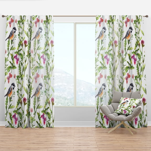 Designart 'Meadow With Birds Butterflies and Herbs' Floral Curtain Panel