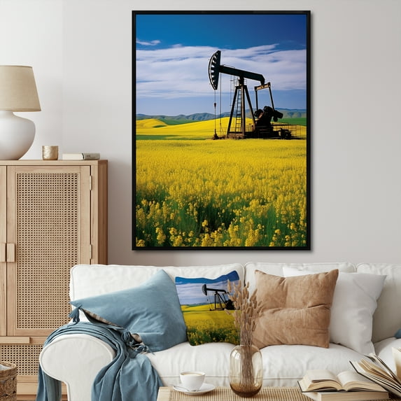 Designart "Meadow With Green And Yellow Oil Drilling Rig" Oil Rigs / Fields Floater Framed Canvas Art Print