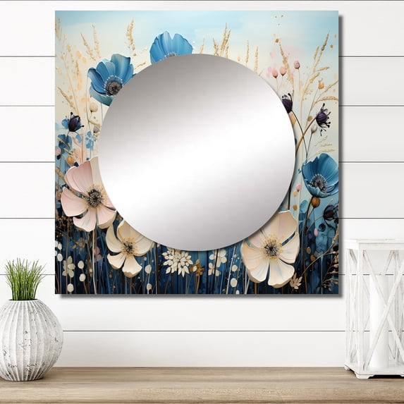 Designart "Meadow curious Meadowscape Pointillism" Floral Square Mirror For Wall Decor - Large Multi-Color Square Mirror Printed Wall Decor - Traditional Square Living Room Mirror