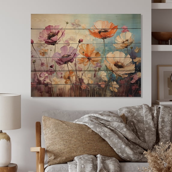 Designart "Meadow expressionistic Blooms" Floral Print on Natural Pine Wood
