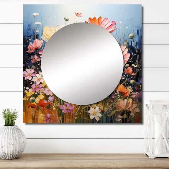 Designart "Meadow expressionistic Blooms Pointillism I" Floral Square Mirror Wall Decor Traditional - Large Multi-Color Square Bathroom Mirror - Square Printed Wall Mirror Art