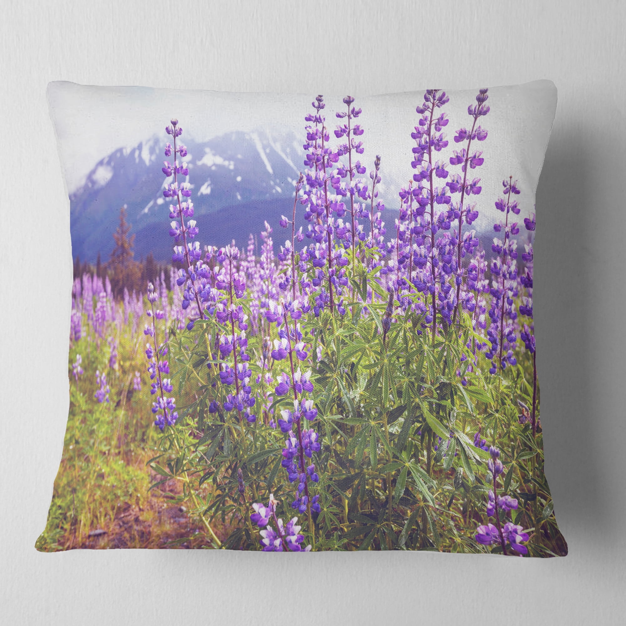 Designart Meadow in Alaska with Purple Flowers - Floral Throw Pillow - 18x18