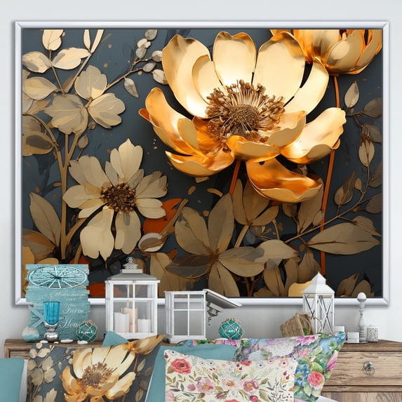 Designart "Meadow of Poppies Golden Grey I" Floral Framed Wall Art - Traditional Yellow Poppies Bedroom Framed Canvas Wall Art
