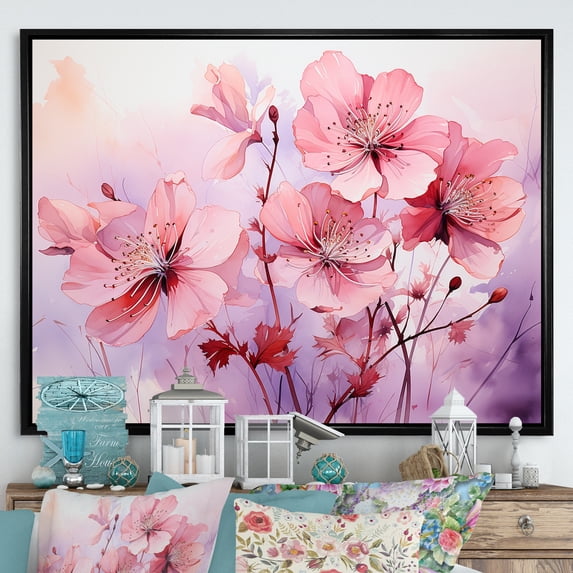 Designart "Meadow of Poppies Purple and Pink II" Floral Framed Wall Art - Traditional Pink Poppies Hallway Framed Wall Art Decor