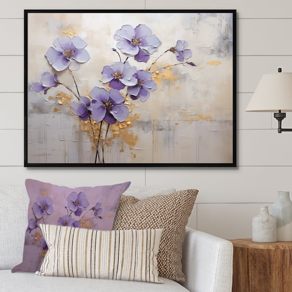 Designart "Meadow of Violets in Purple and Gold I" Violets Floater Framed Wall Art Prints