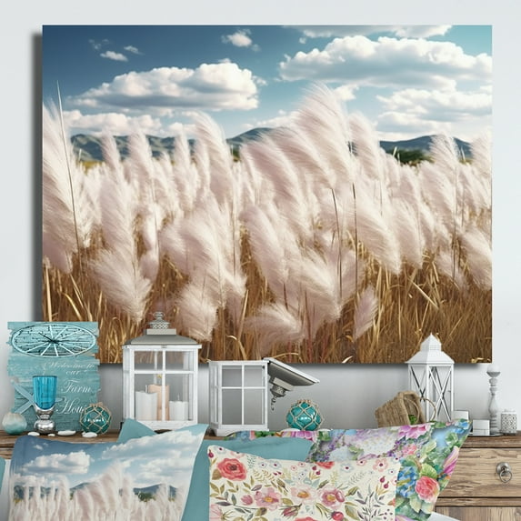 Designart "Meadows of White Pampas Grass II" Floral Metal Wall Art