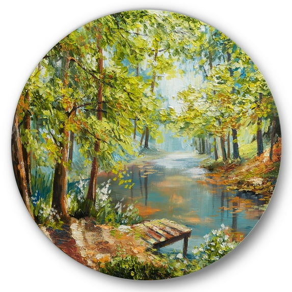 Designart 'Meandering River With Autumn Forest' Lake House Circle Metal Wall Art 36x36 - Disc of 36