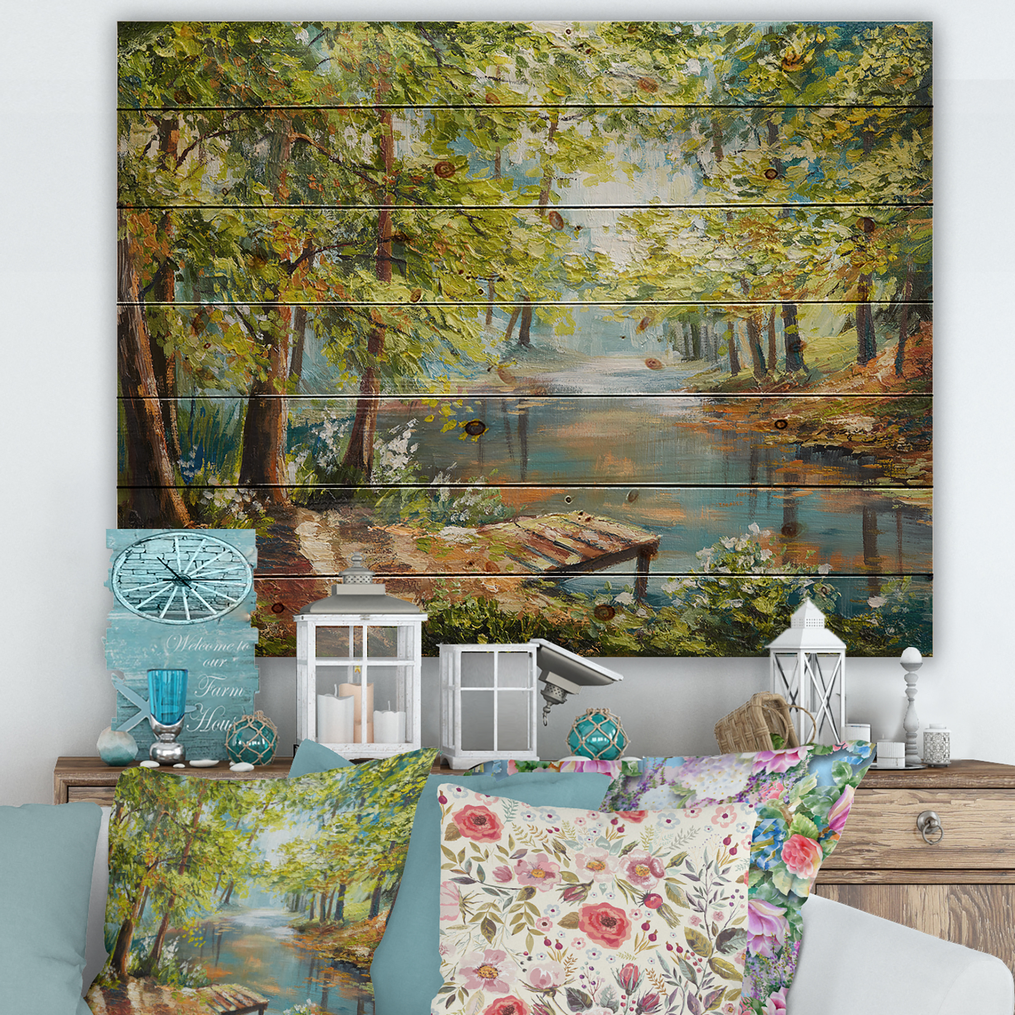 Designart 'Meandering River With Autumn Forest' Lake House Print on Natural Pine Wood