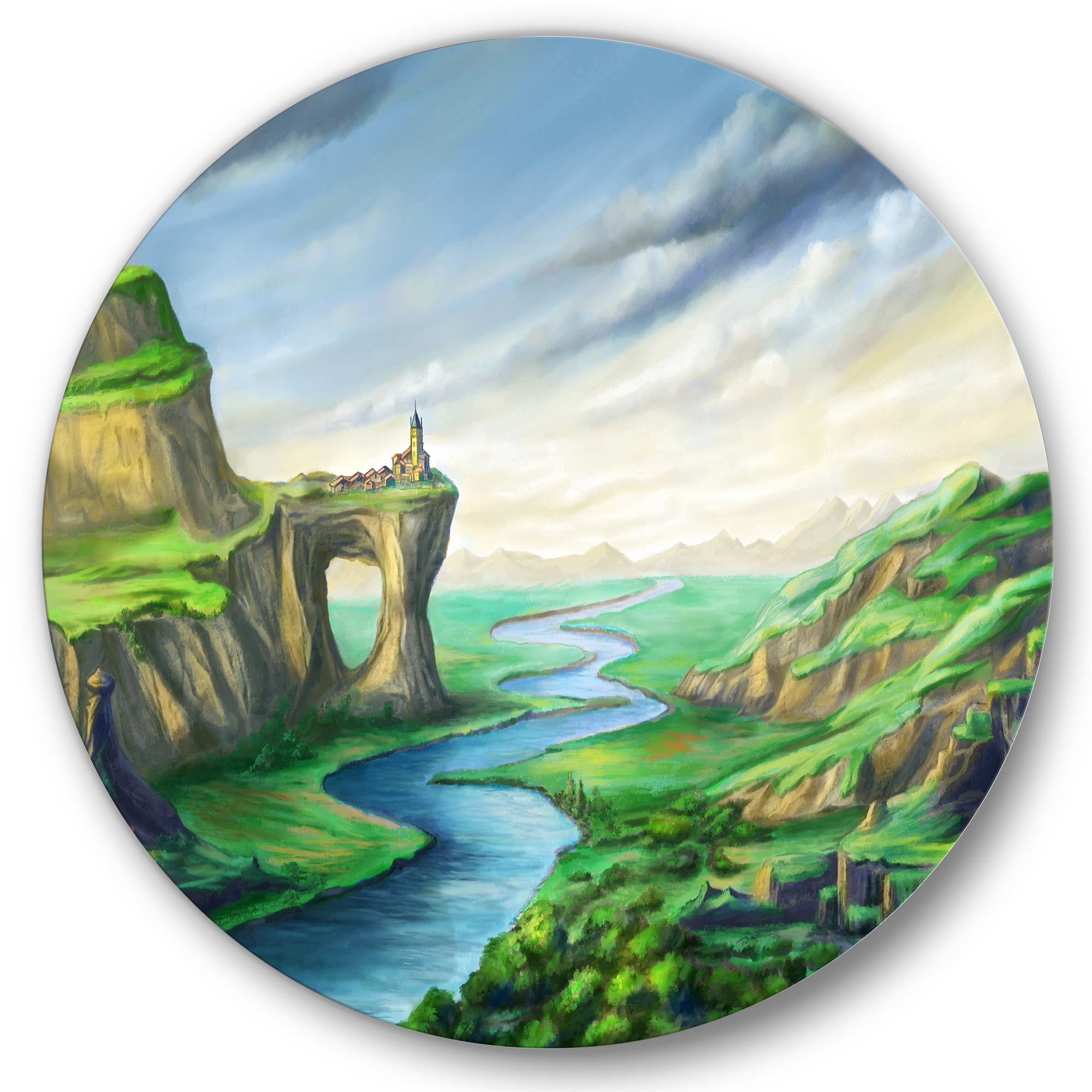 Designart 'Meandering River With Blue Fantasy Landscape' Lake House Circle Metal Wall Art 36x36 - Disc of 36