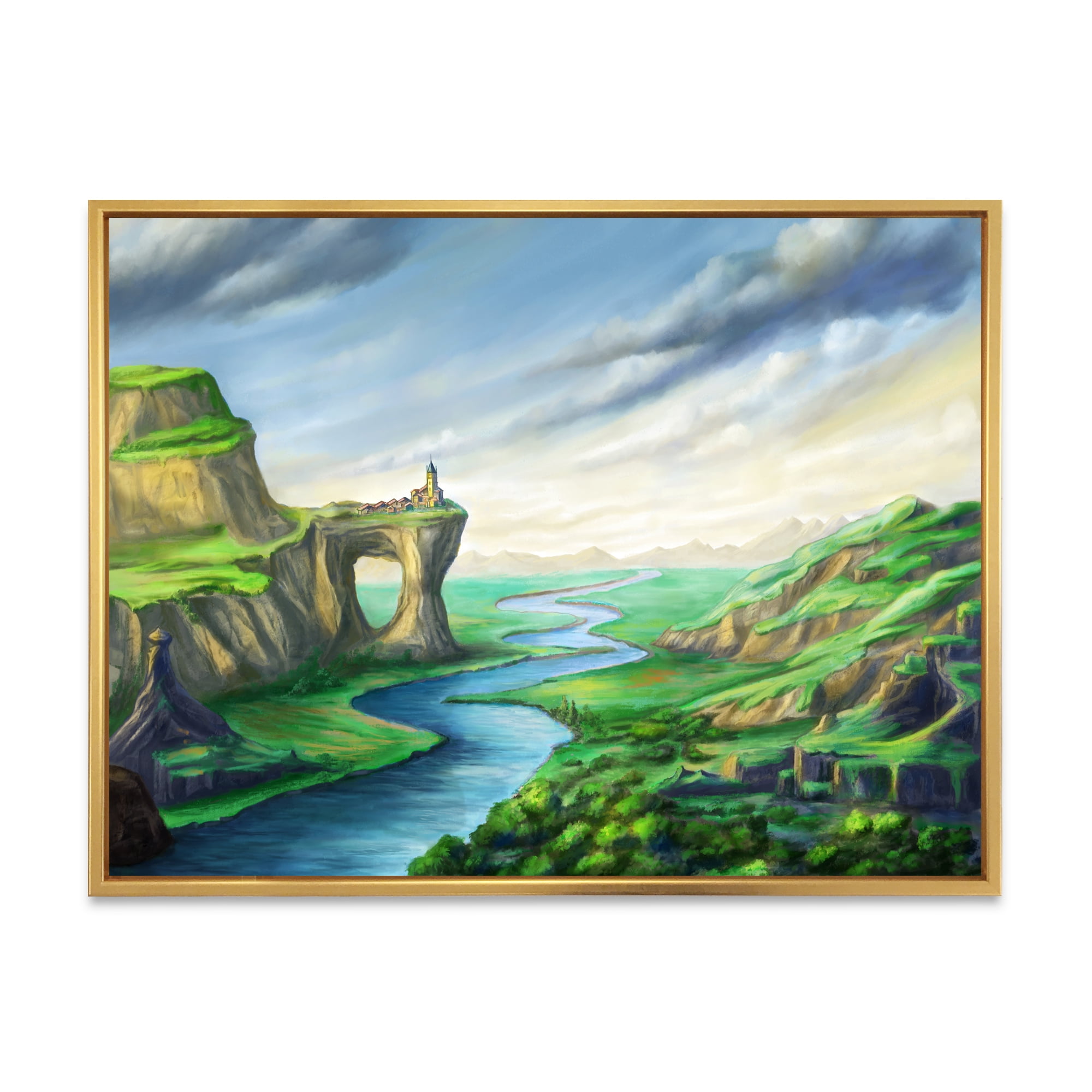 Designart 'Meandering River With Blue Fantasy Landscape' Lake House Framed Canvas Wall Art Print