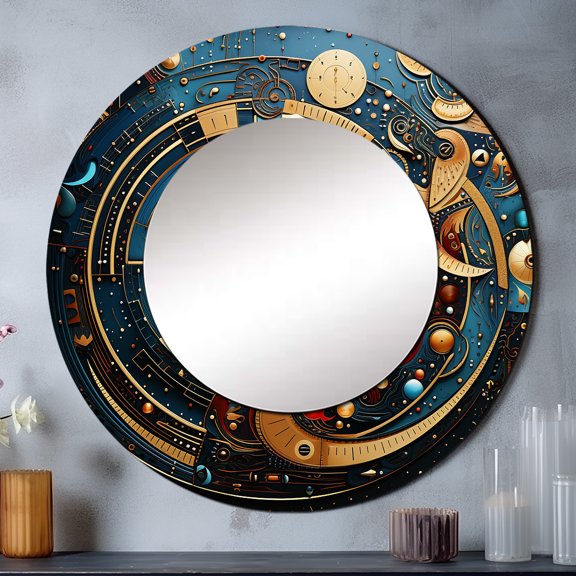 Designart "Mechanical Symphony in Pointillism on a Watch" Fashion Gold Large Round Mirror - Round Bedroom Mirror Wall Decor - Glam Round Printed Mirror - 36" x 36"