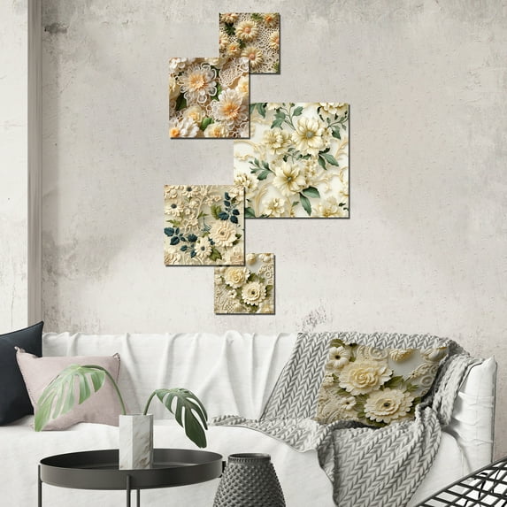 Designart "Medallions Of Vintage Lace" Floral Wall Art Set Of 5 - White Cottage For Bedroom Wall Art Set