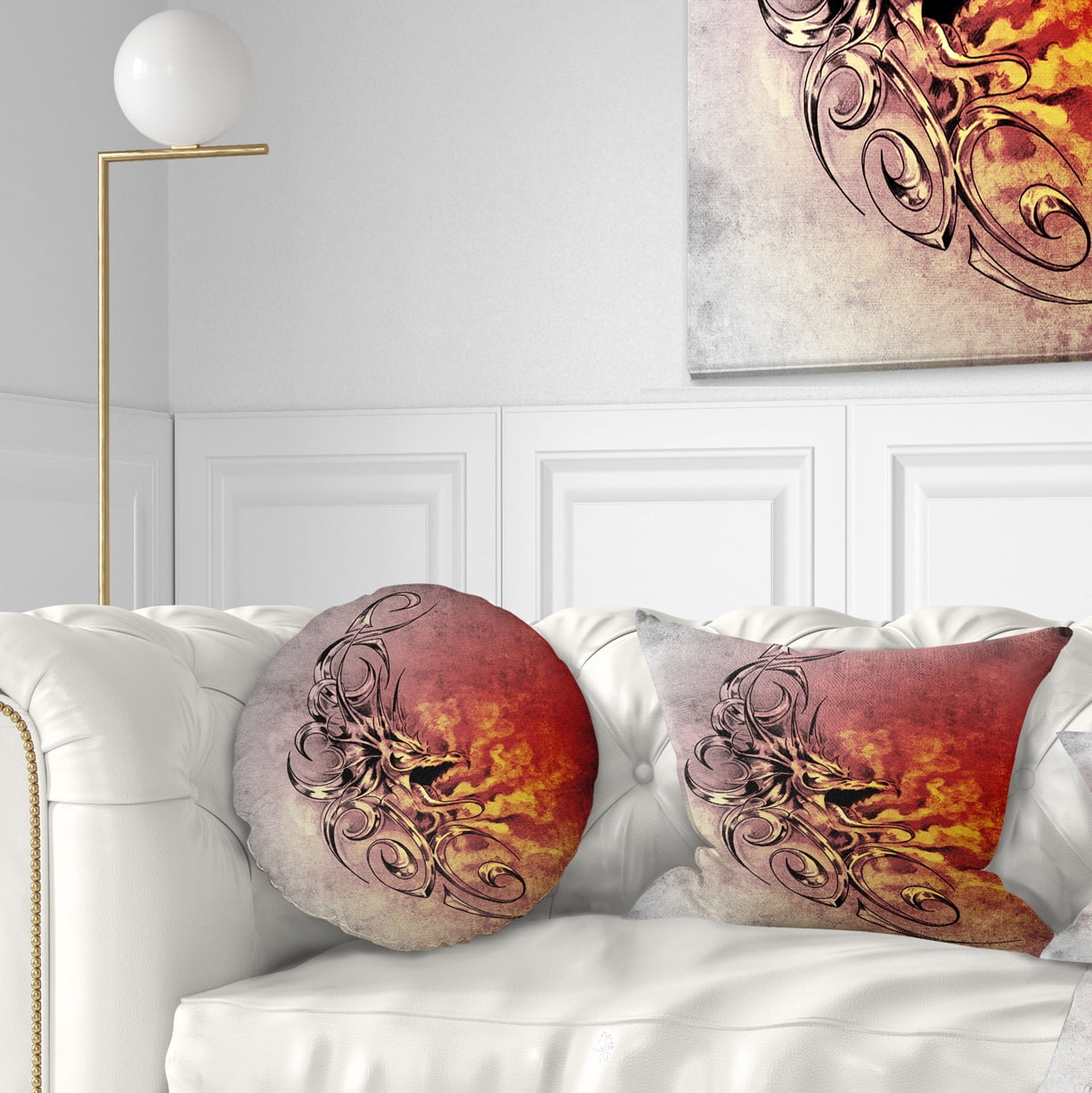 Designart Medieval Dragon Tattoo Sketch - Abstract Throw Pillow - 12x20