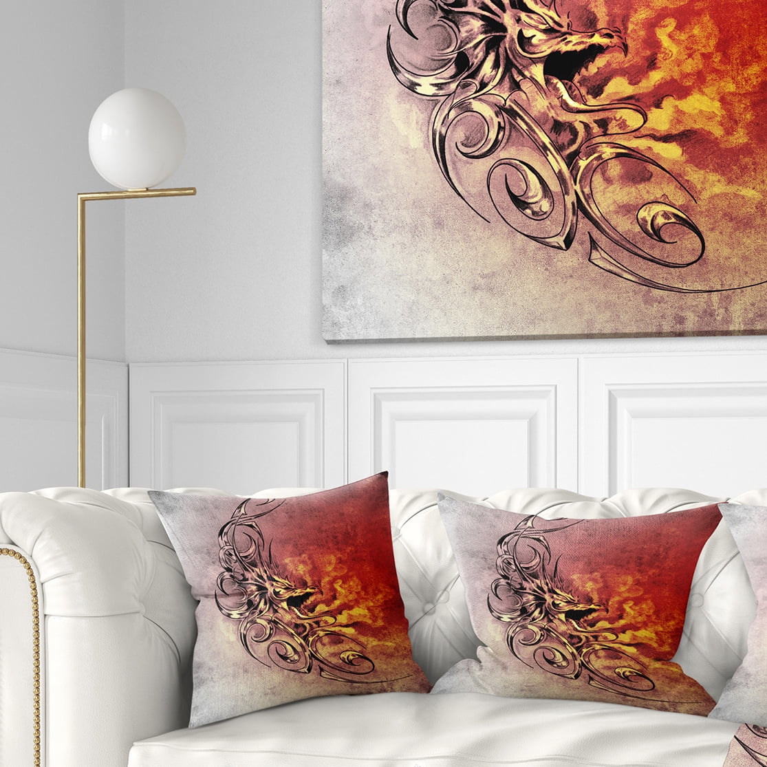 Designart Medieval Dragon Tattoo Sketch - Abstract Throw Pillow - 16x16
