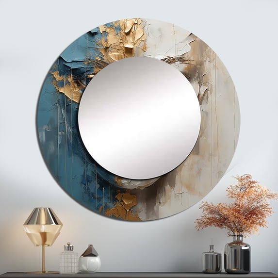 Designart "Meditating Woman In Gold And Blue Portrait" Woman Abstract Round Mirror Wall Decor Glam - Large Beige Round Bathroom Mirror - Round Mirror - 29" x 29"