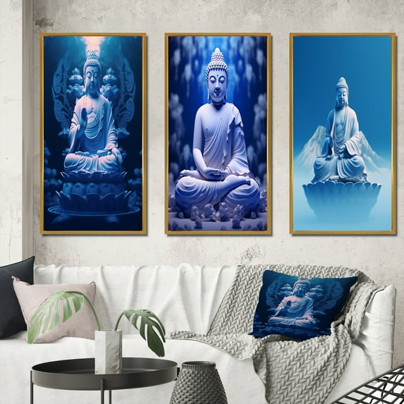 Designart "Meditation with the Blue Medicine Buddha II" Buddhism Framed Wall Art Set Of 3 - Blue Traditional Frame Canvas Set For Living Room Decor