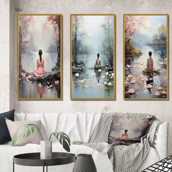 Designart "Meditative Moments in Pink A Journey Within II" Portrait Framed Wall Art Set Of 3 - Pink Meditation Frame Canvas Set For Living Room Decor