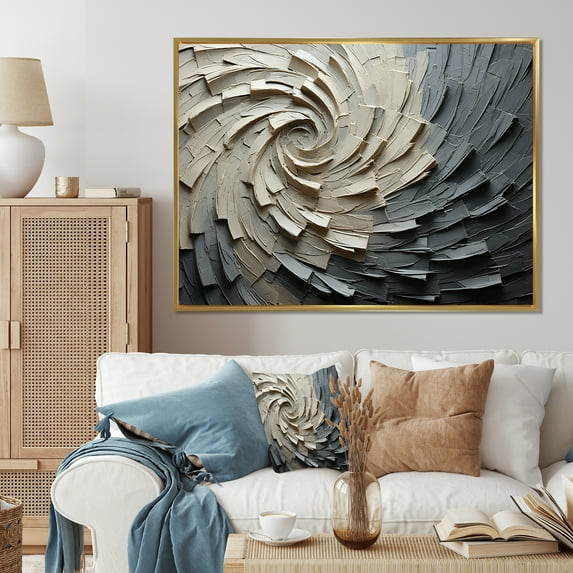 Designart "Meditative Movement In Grey And Beige III" Abstract Spirals Floater Framed Wall Art Living Room