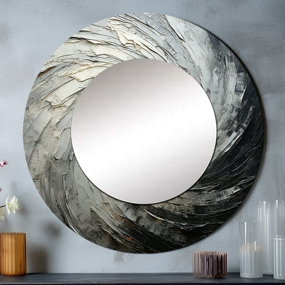 Designart "Meditative Movement In Grey And Black" Abstract Spirals Round Mirror Wall Decor Modern - Large Grey Round Office Mirror - Round Mirror - 36" x 36"
