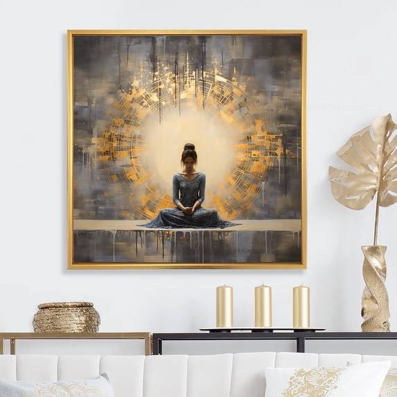 Designart "Meditative Pose In Gold" Meditation Floater Framed Wall Art Living Room