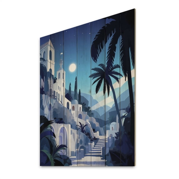 Designart "Mediterranean Night Coastal Nocturne" Greece Print on Natural Pine Wood