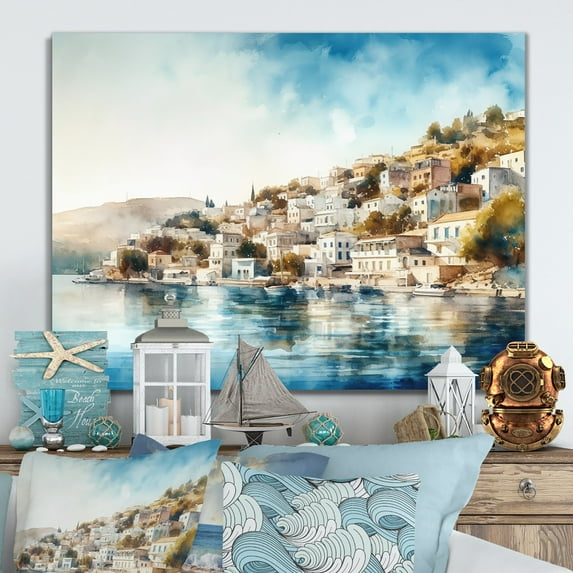 Designart "Mediterranean Seaside s Blue Charm" Modern Landscape Beach Metal Art Living Room